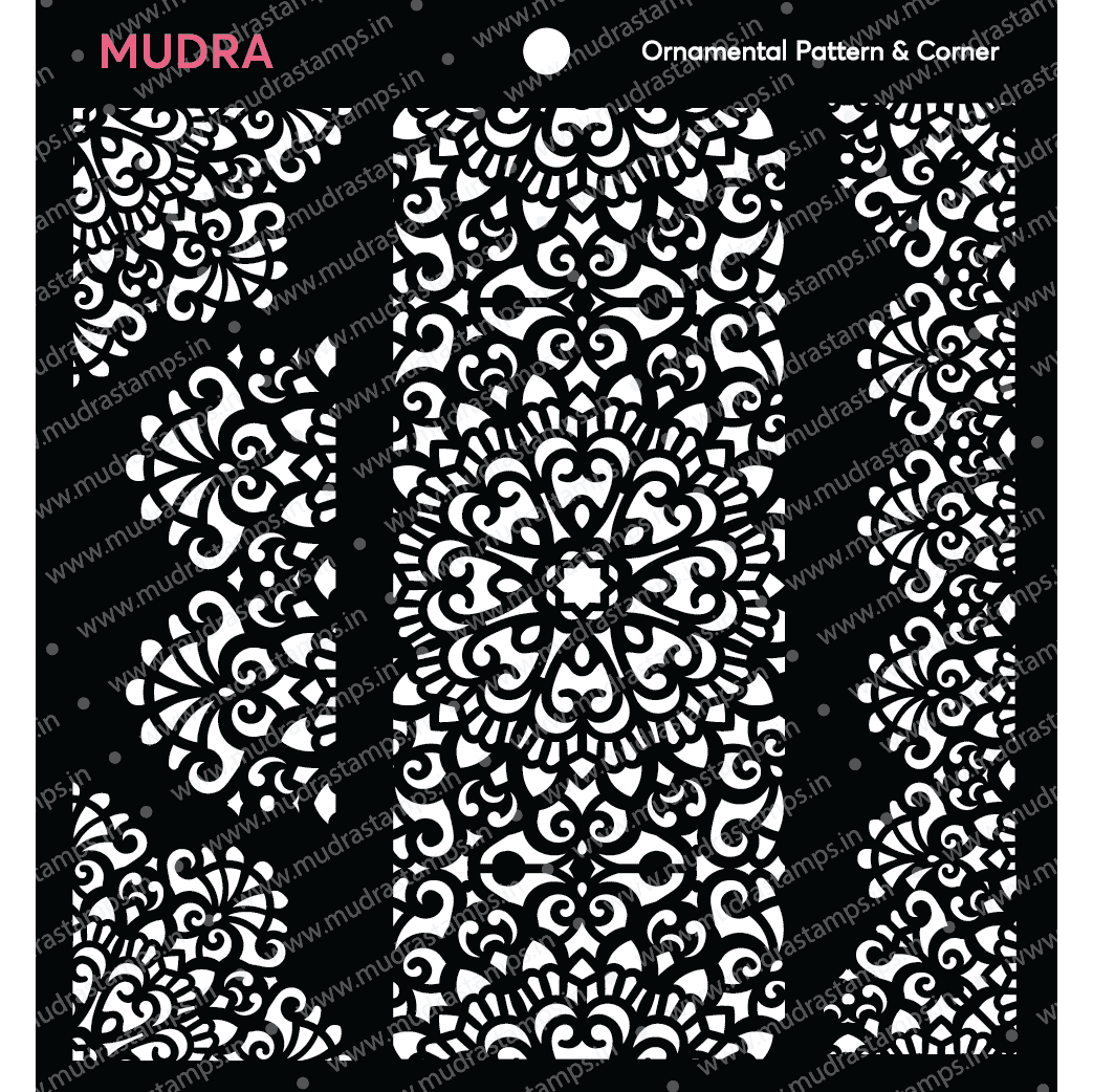 Mudra Stencil – Ornamental pattern & corner 6×6 – Mudra Craft Stamps